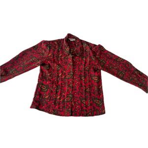 Vintage 80s Red Paisley Art Deco Button Front Blouse Womens 12 Long Sleeve